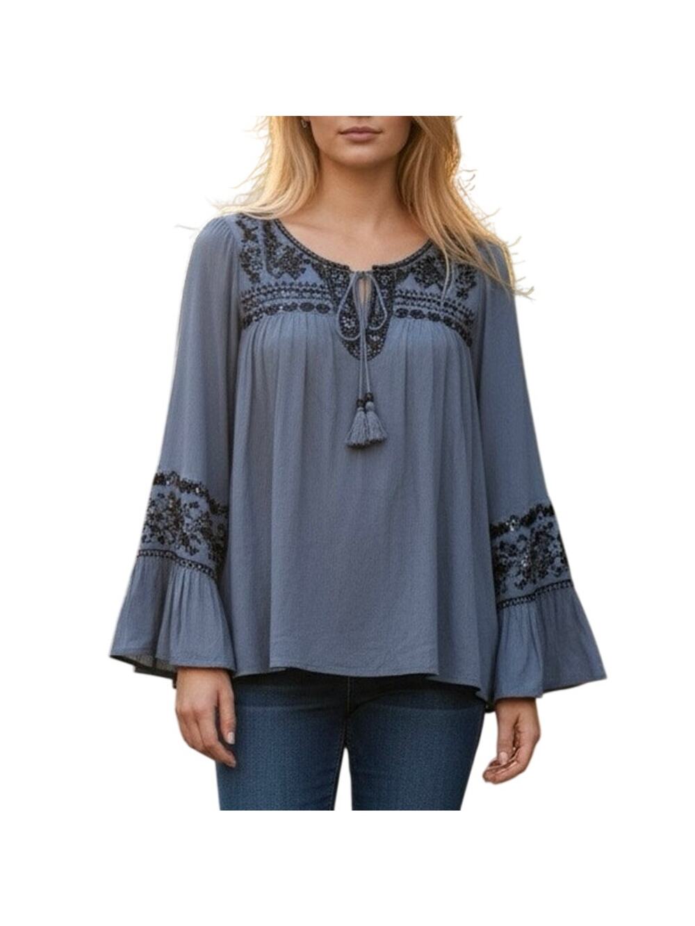 Altar'd State XS Boho Embroidered Peasant Top Long Bell Sleeve Gray Tassel Gauze